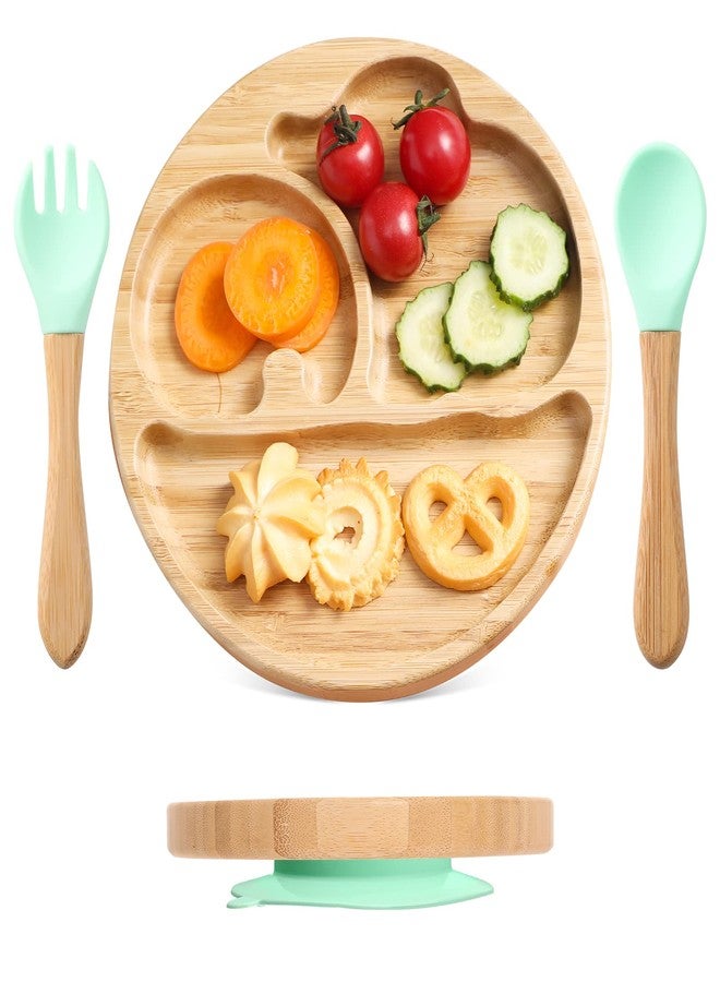 let's make Suction Plates for Baby & Toddler, Bamboo Divided Platter Feeding Dishes with Silicone Fork& Spoon, All-Natural Baby Food Plate Stays for Baby-Led Weaning, Non-Slip Design - Image 1